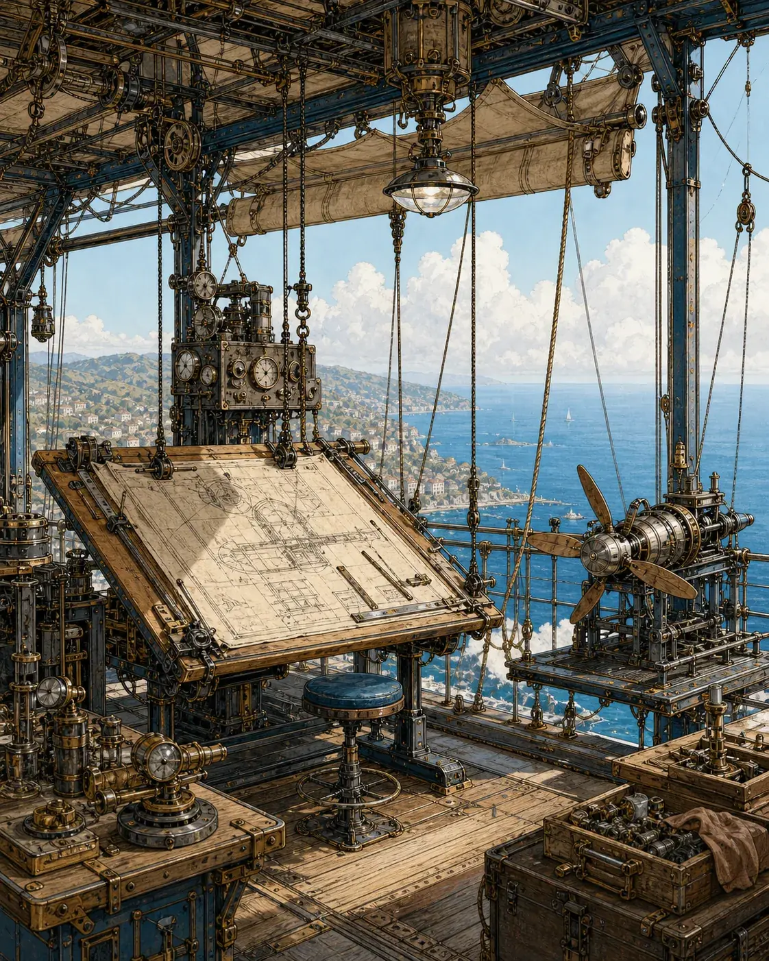 Airship work deck with a drafting table, propeller test rig, cables, and sea beyond.