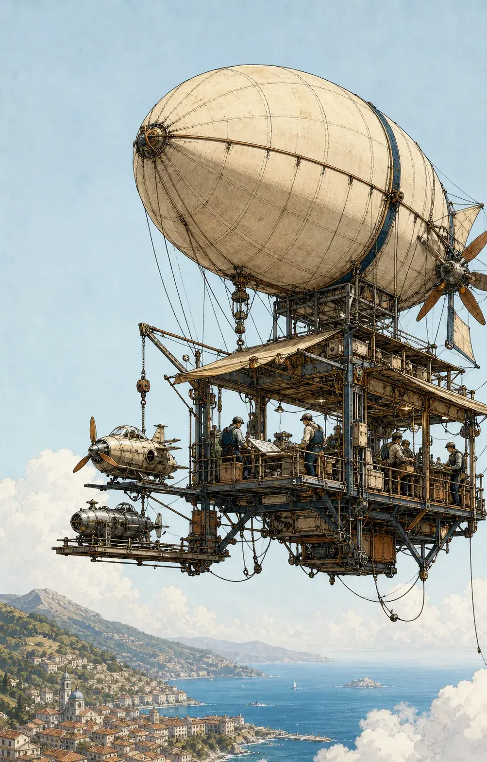 Airborne engineering workshop with a propeller, suspended decks, and a coastal town below.