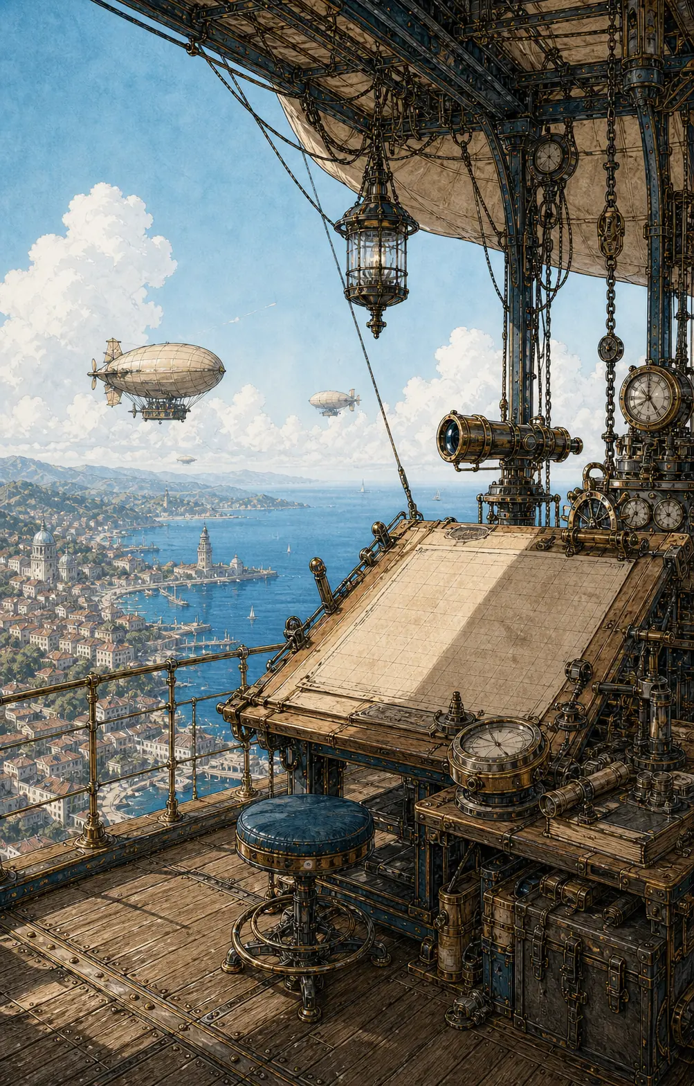 Airborne coordination deck with navigation instruments, workshop rigging, and a coastal operating environment below.