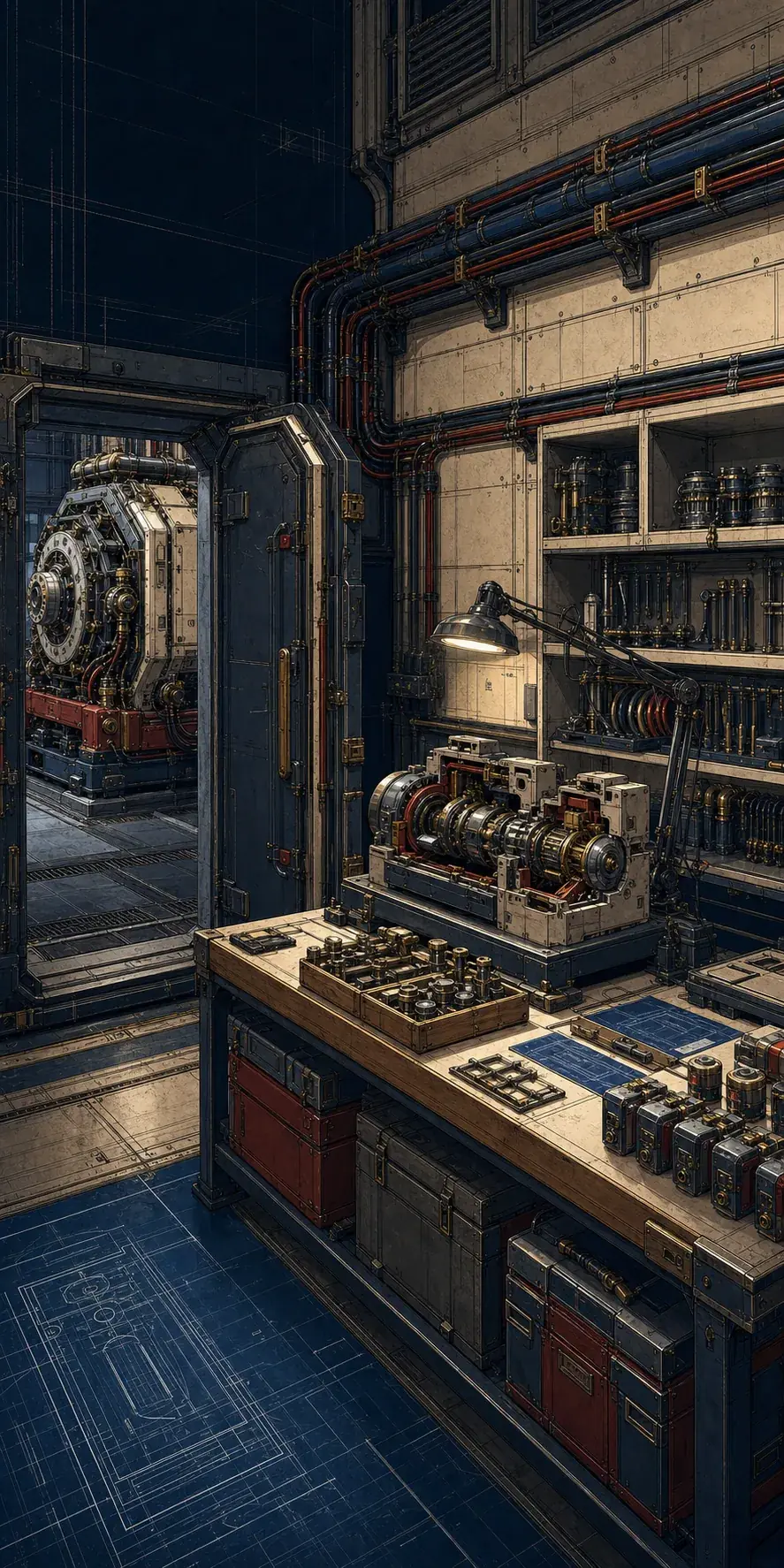 Secure systems integration room with a modular workbench, test instruments, cable trays, and machine bay beyond.