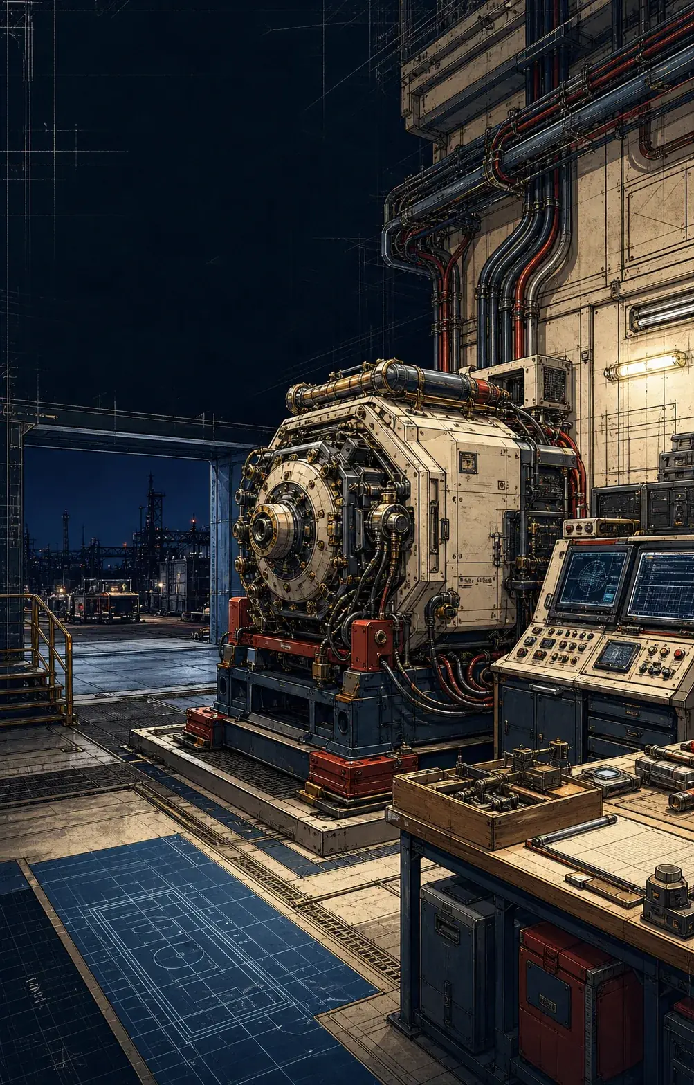 Mechanical operations test bay with a machine core, cable trays, control console, and industrial yard beyond.