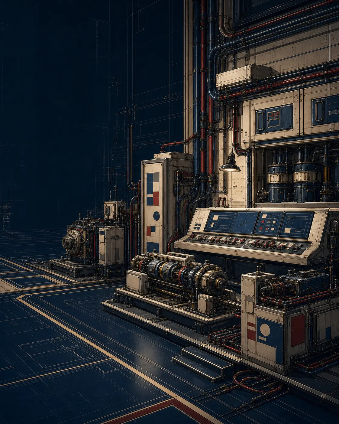 Systems-control floor with linked machine modules, a console, cable trunks, and testing fixtures.